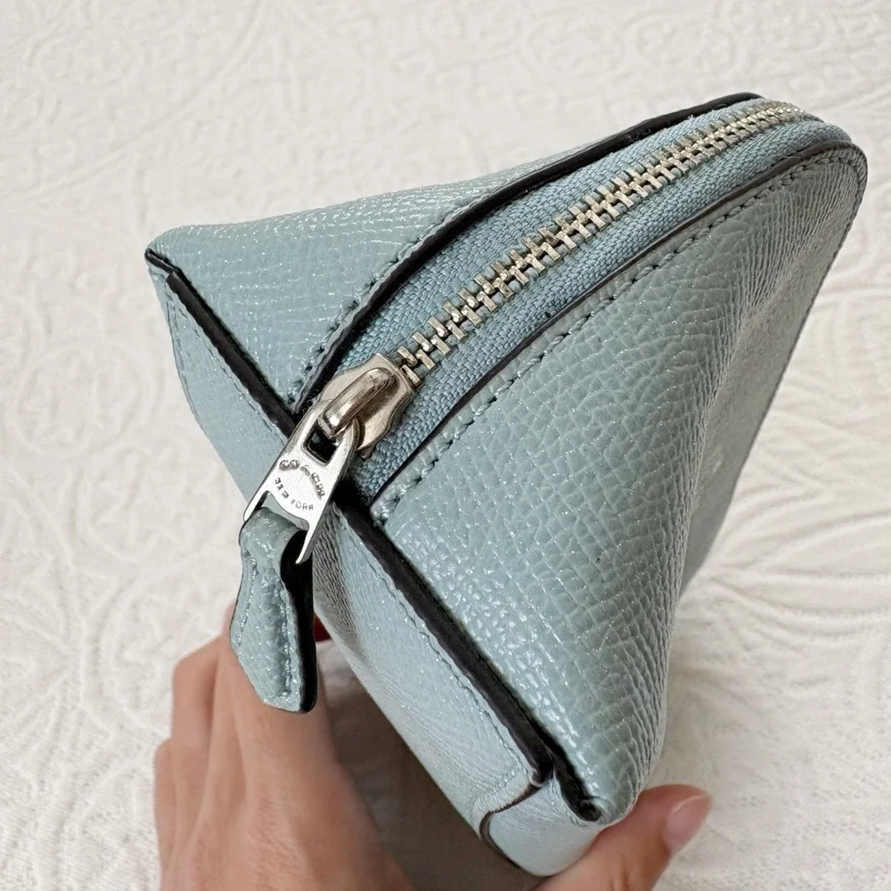 Coach Zippered Leather Makeup Pouch, Sky Blue Silver
